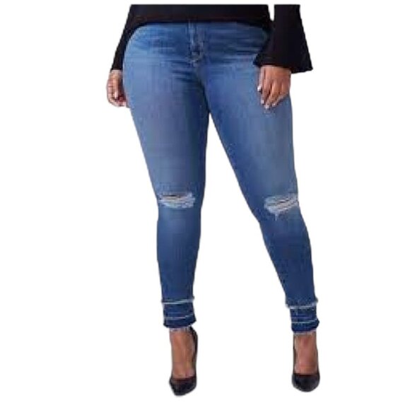 Lane Bryant blue Stretch  Distressed Skinny Jeans Double Released Hem Size 20 - Picture 1 of 16